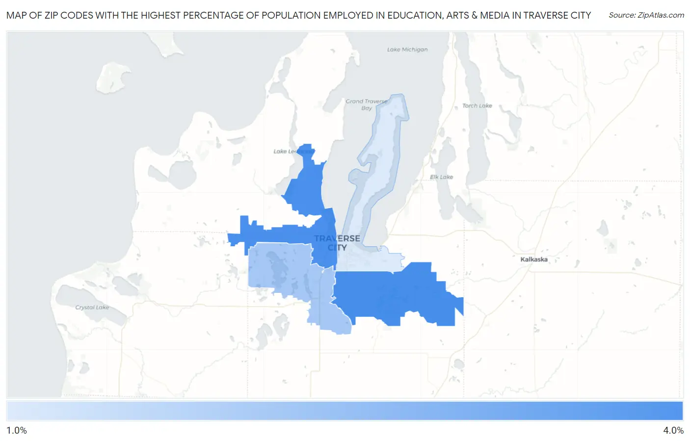 Zip Codes with the Highest Percentage of Population Employed in Education, Arts & Media in Traverse City Map