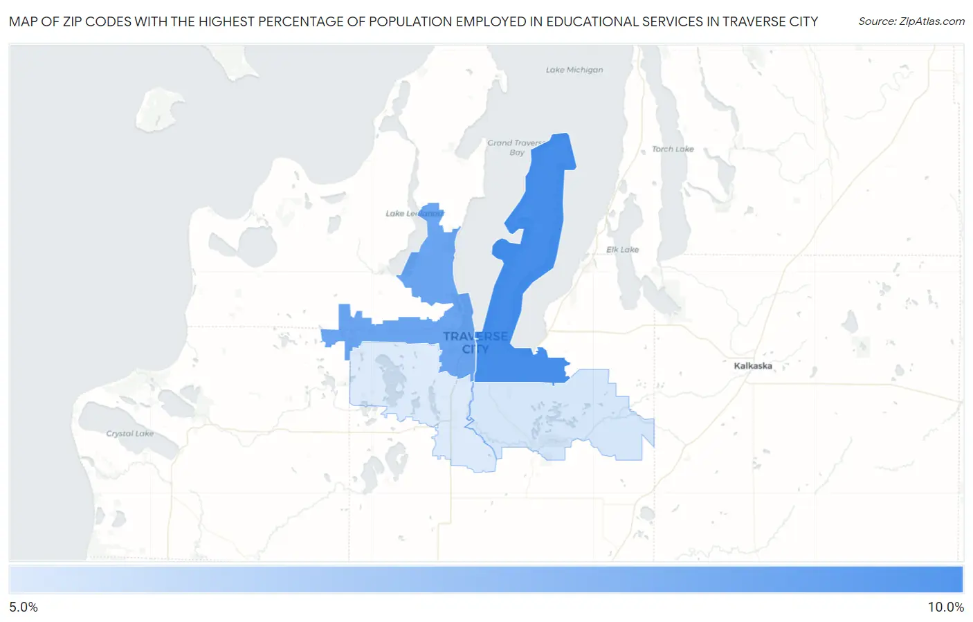 Zip Codes with the Highest Percentage of Population Employed in Educational Services in Traverse City Map
