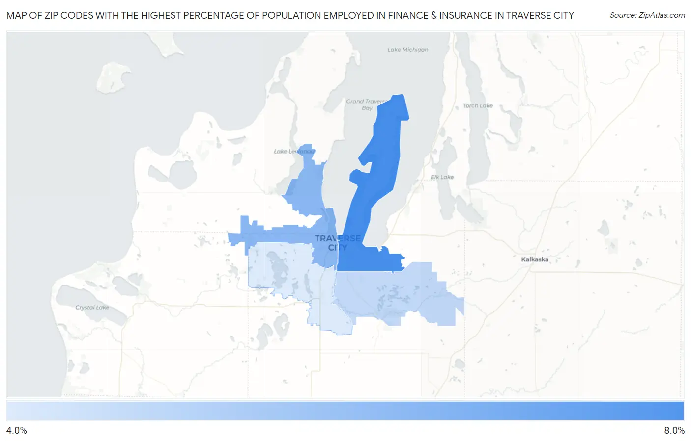 Zip Codes with the Highest Percentage of Population Employed in Finance & Insurance in Traverse City Map