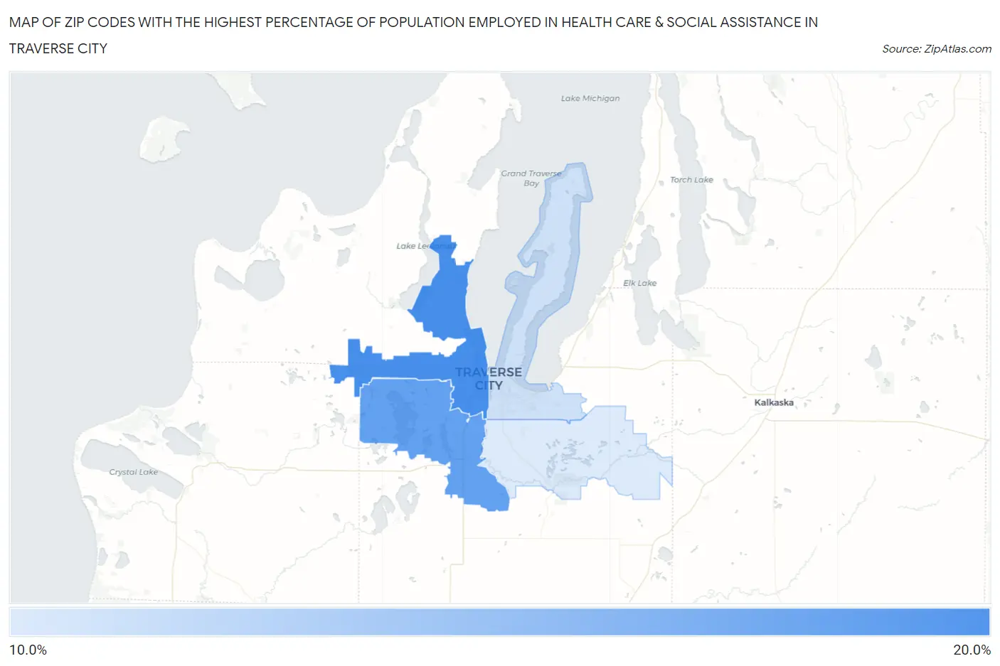 Zip Codes with the Highest Percentage of Population Employed in Health Care & Social Assistance in Traverse City Map