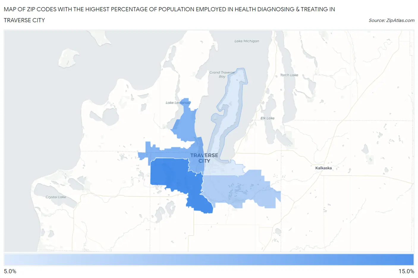 Zip Codes with the Highest Percentage of Population Employed in Health Diagnosing & Treating in Traverse City Map