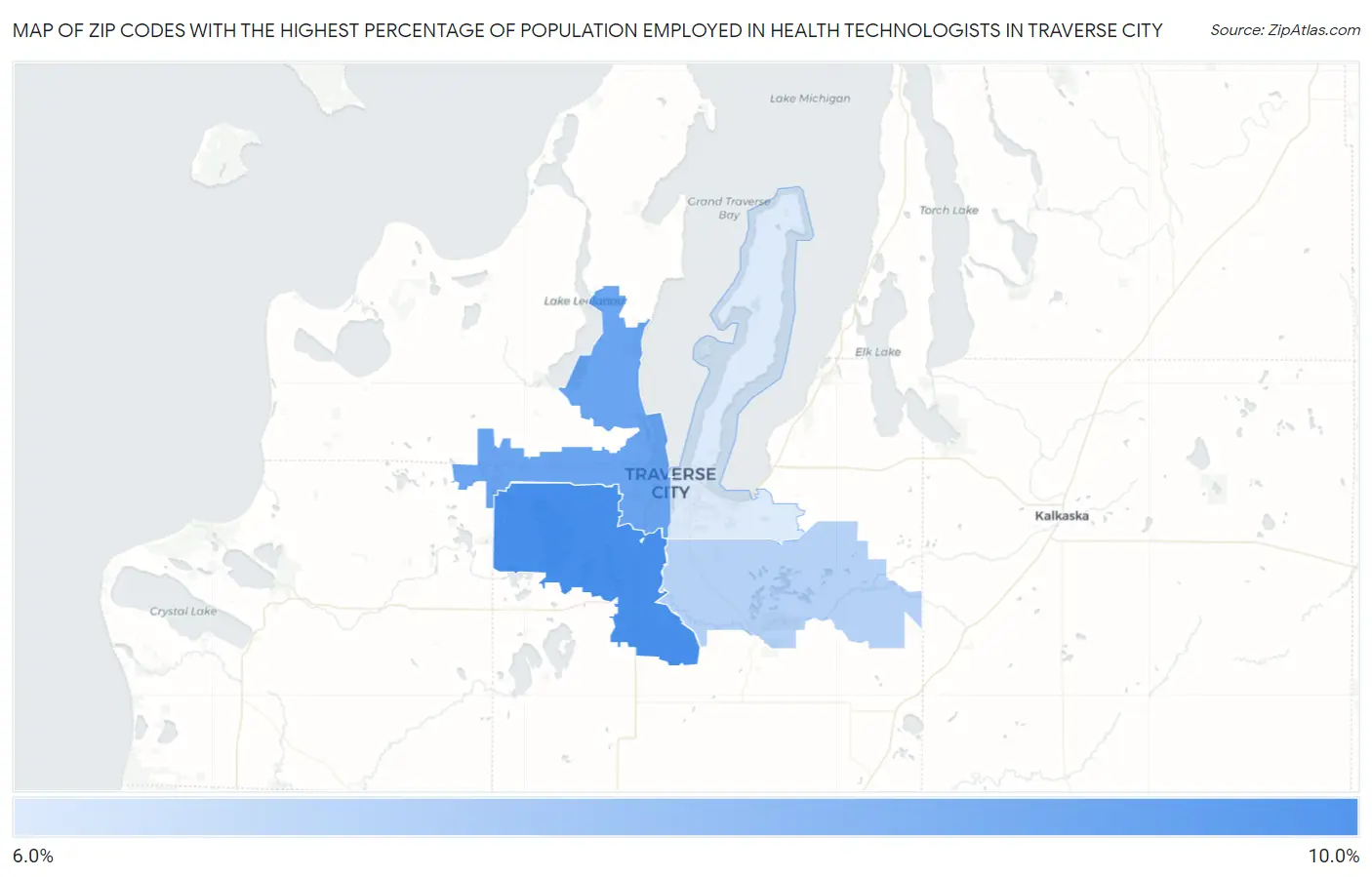 Zip Codes with the Highest Percentage of Population Employed in Health Technologists in Traverse City Map