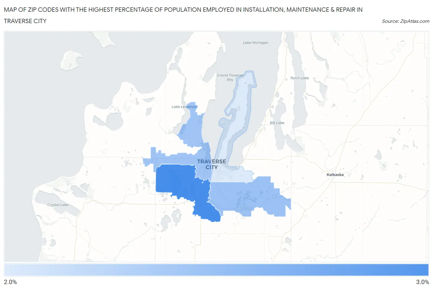Zip Codes with the Highest Percentage of Population Employed in Installation, Maintenance & Repair in Traverse City Map