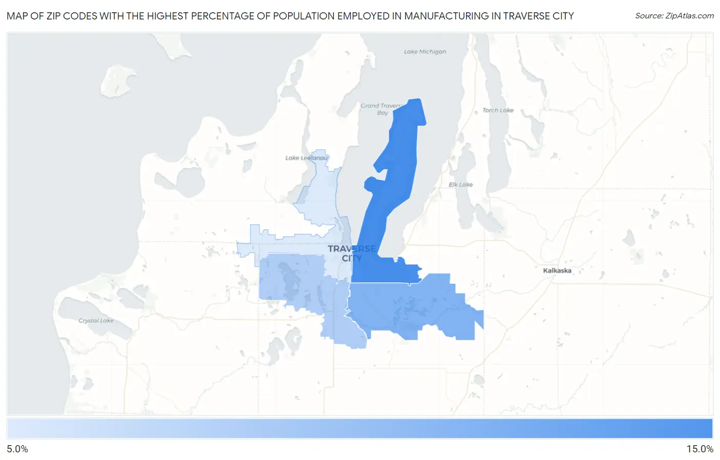Zip Codes with the Highest Percentage of Population Employed in Manufacturing in Traverse City Map