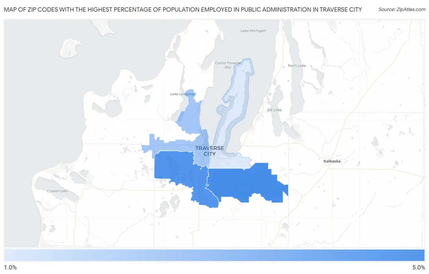 Zip Codes with the Highest Percentage of Population Employed in Public Administration in Traverse City Map