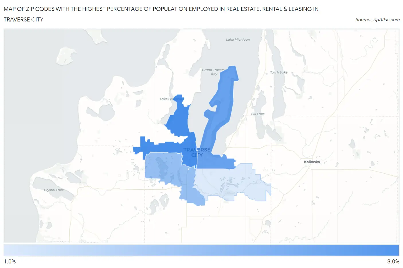 Zip Codes with the Highest Percentage of Population Employed in Real Estate, Rental & Leasing in Traverse City Map