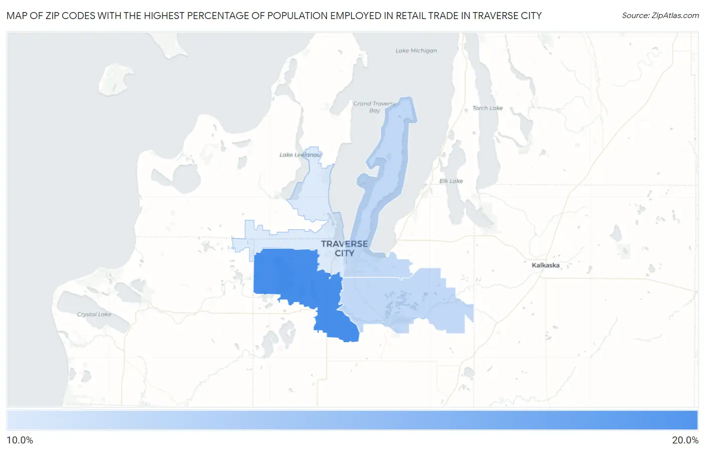 Zip Codes with the Highest Percentage of Population Employed in Retail Trade in Traverse City Map