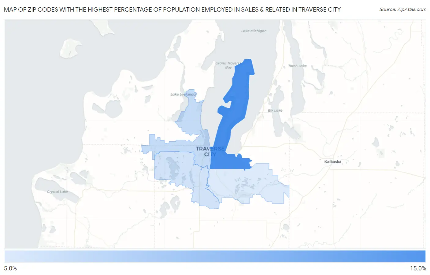 Zip Codes with the Highest Percentage of Population Employed in Sales & Related in Traverse City Map