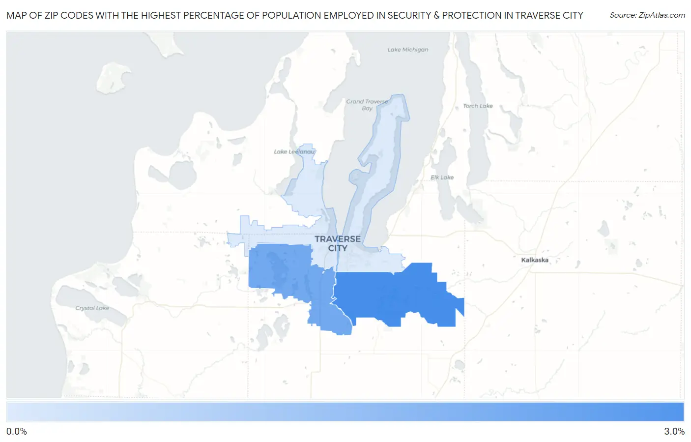 Zip Codes with the Highest Percentage of Population Employed in Security & Protection in Traverse City Map