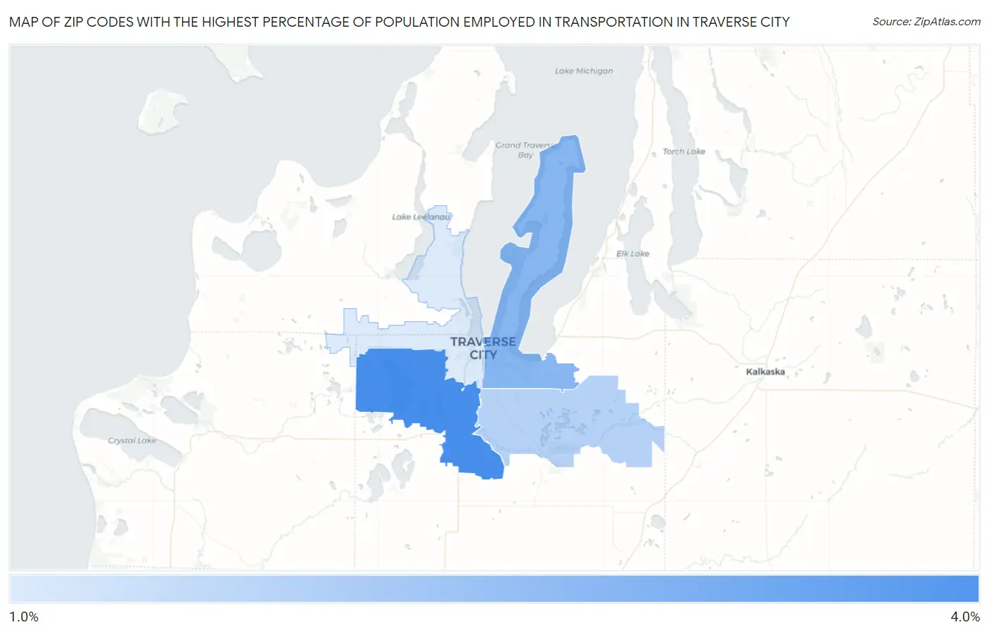 Zip Codes with the Highest Percentage of Population Employed in Transportation in Traverse City Map