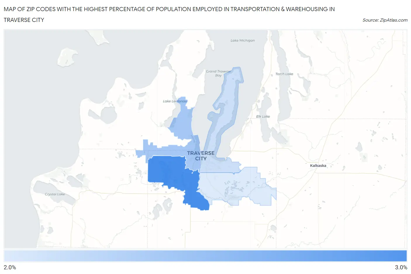 Zip Codes with the Highest Percentage of Population Employed in Transportation & Warehousing in Traverse City Map