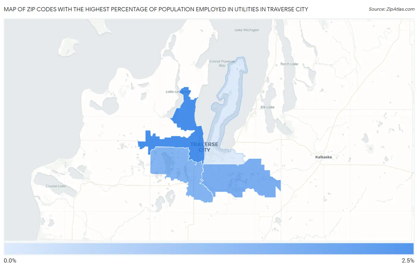 Zip Codes with the Highest Percentage of Population Employed in Utilities in Traverse City Map