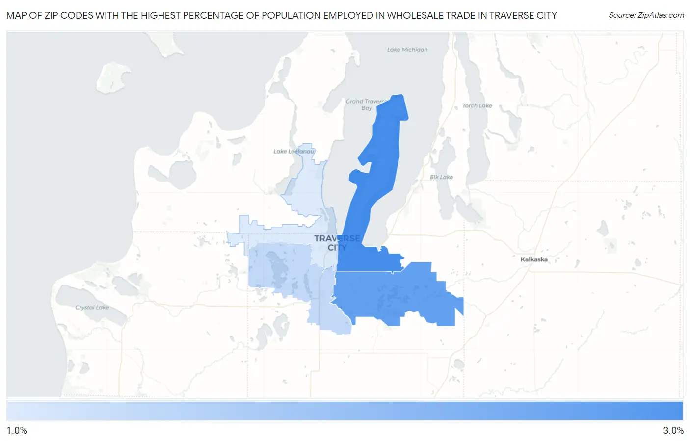 Zip Codes with the Highest Percentage of Population Employed in Wholesale Trade in Traverse City Map