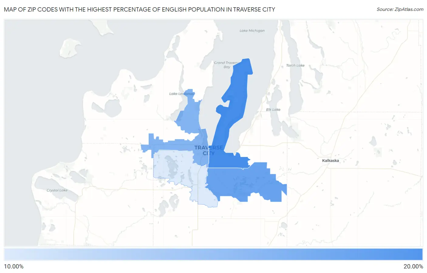 Zip Codes with the Highest Percentage of English Population in Traverse City Map
