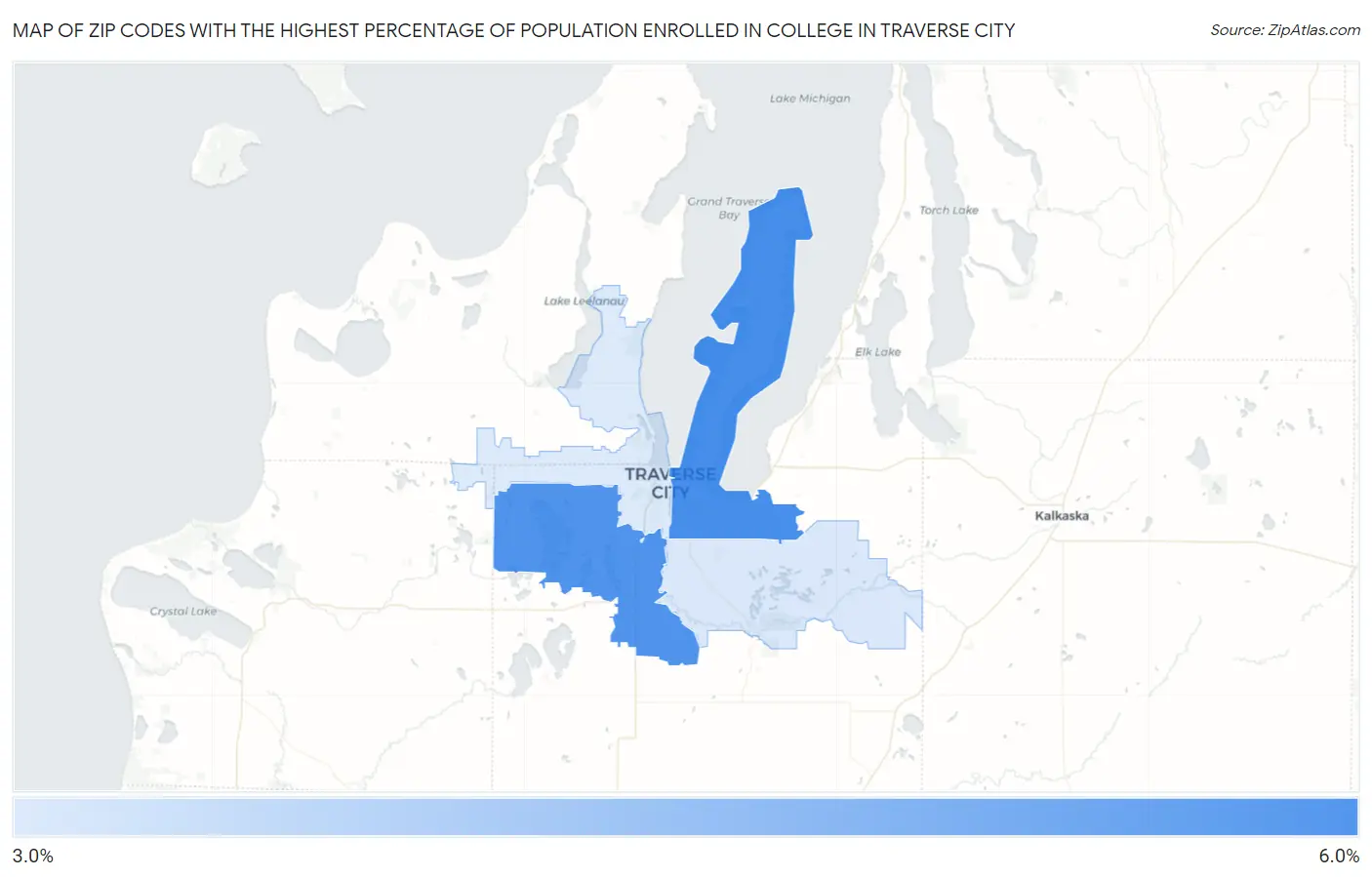 Zip Codes with the Highest Percentage of Population Enrolled in College in Traverse City Map