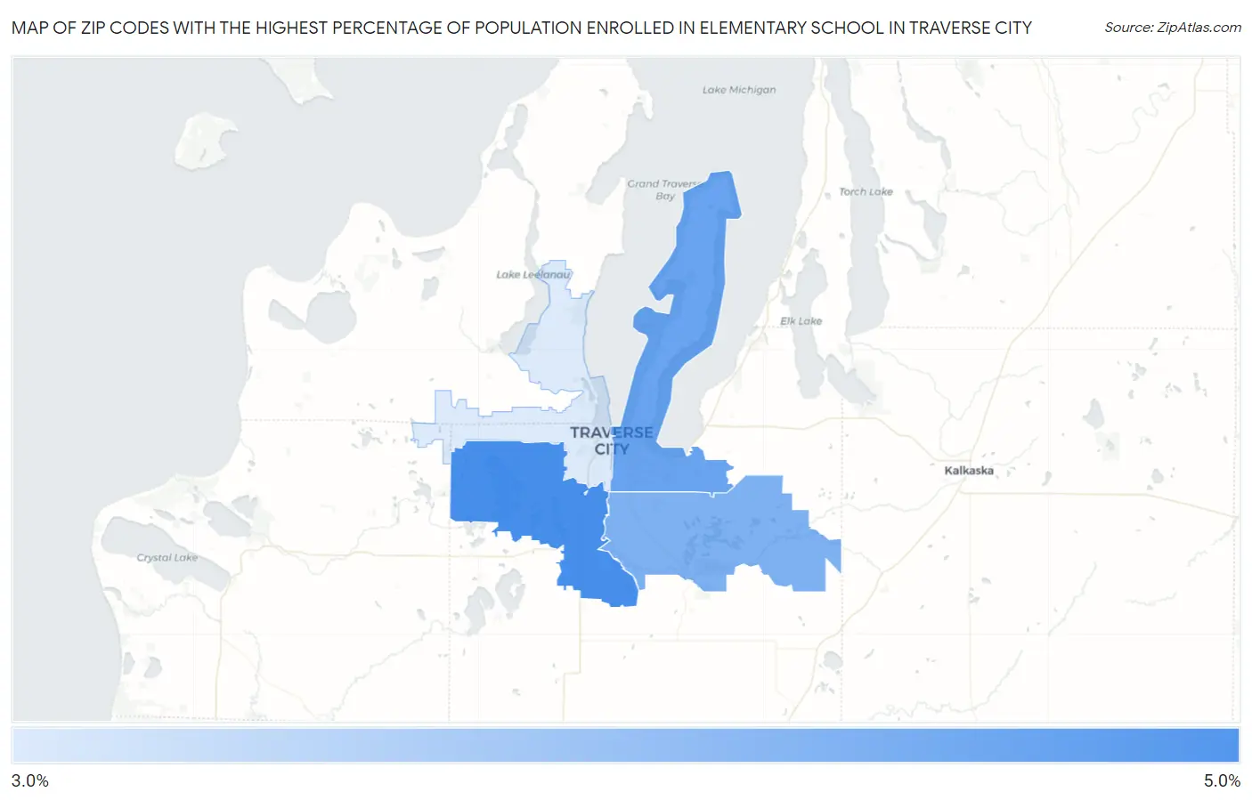 Zip Codes with the Highest Percentage of Population Enrolled in Elementary School in Traverse City Map