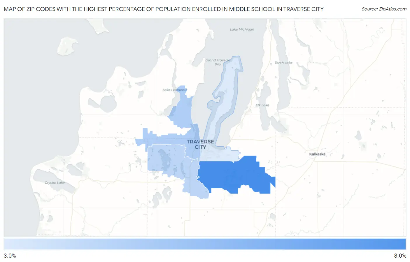 Zip Codes with the Highest Percentage of Population Enrolled in Middle School in Traverse City Map