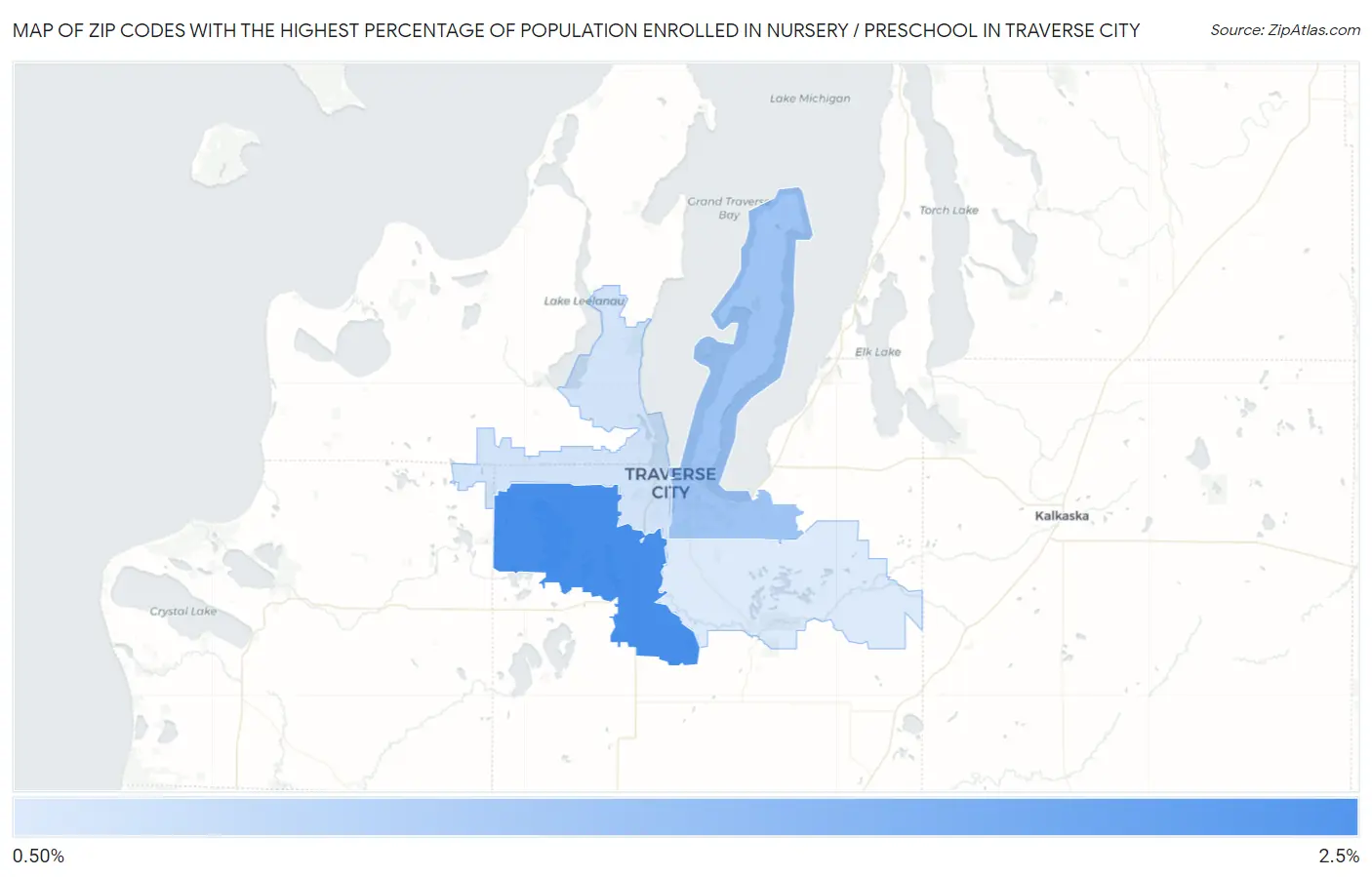Zip Codes with the Highest Percentage of Population Enrolled in Nursery / Preschool in Traverse City Map