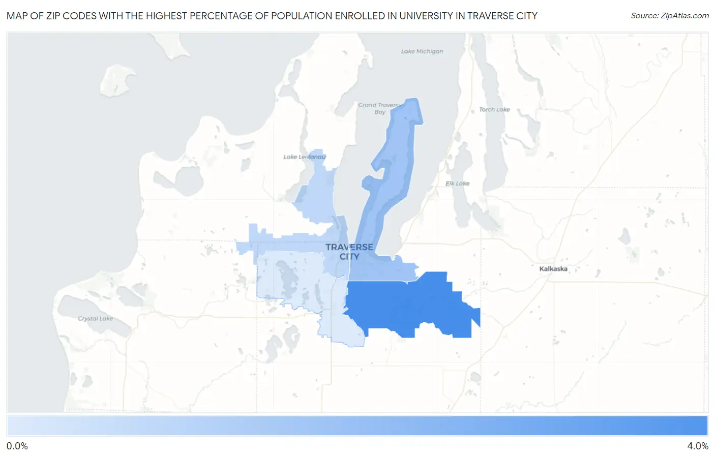 Zip Codes with the Highest Percentage of Population Enrolled in University in Traverse City Map