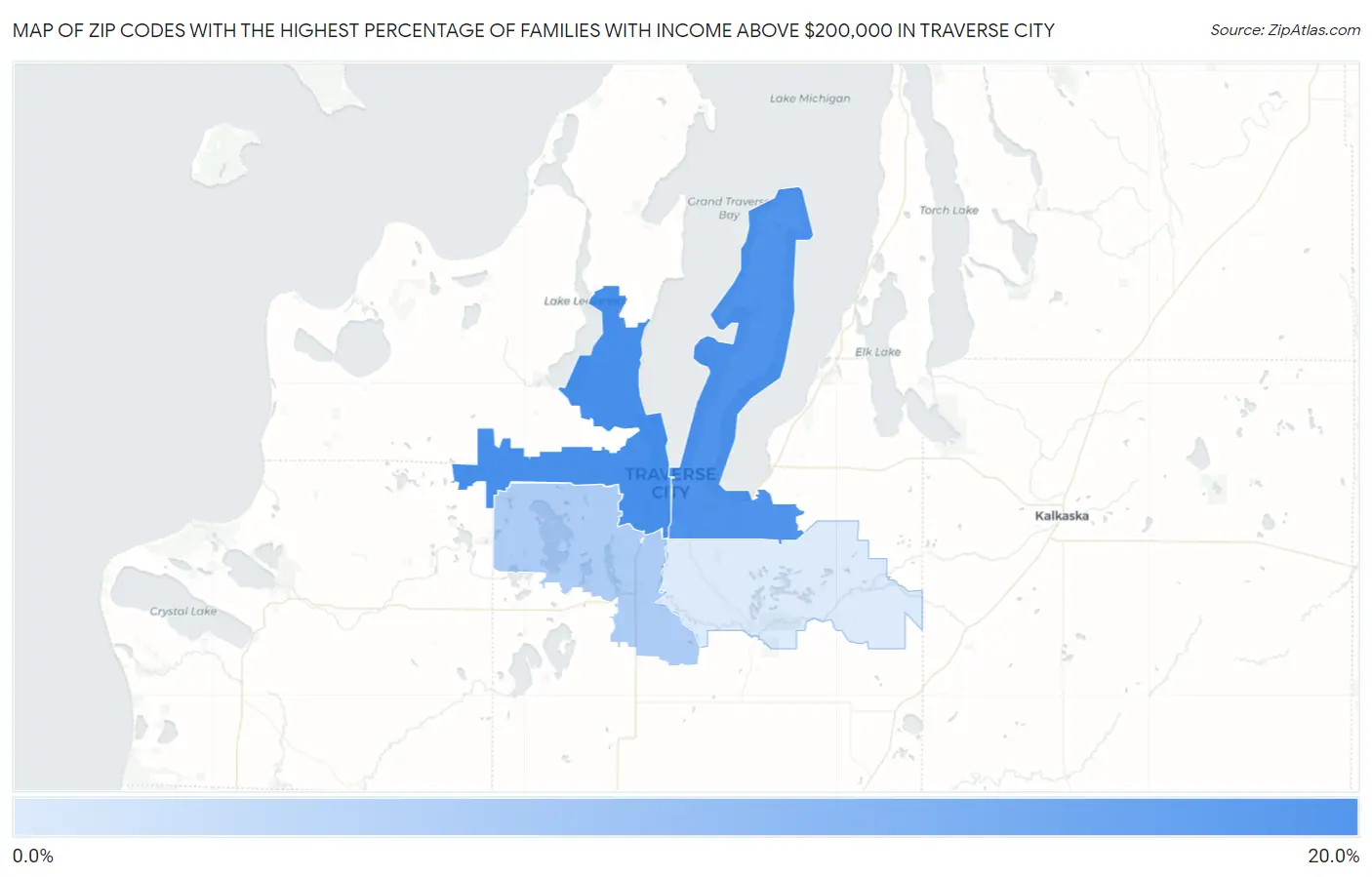 Zip Codes with the Highest Percentage of Families with Income Above $200,000 in Traverse City Map