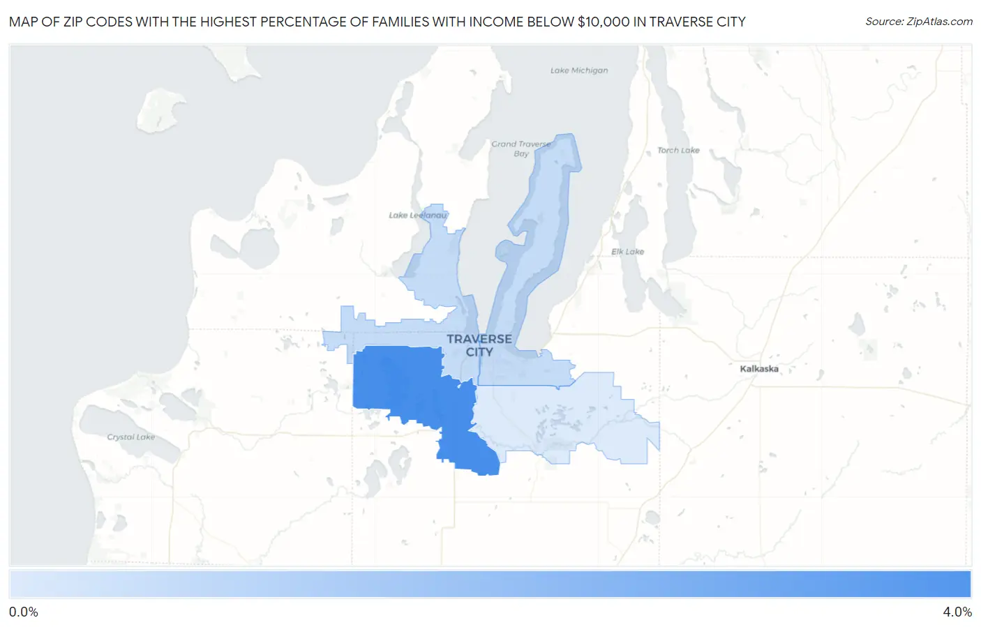 Zip Codes with the Highest Percentage of Families with Income Below $10,000 in Traverse City Map