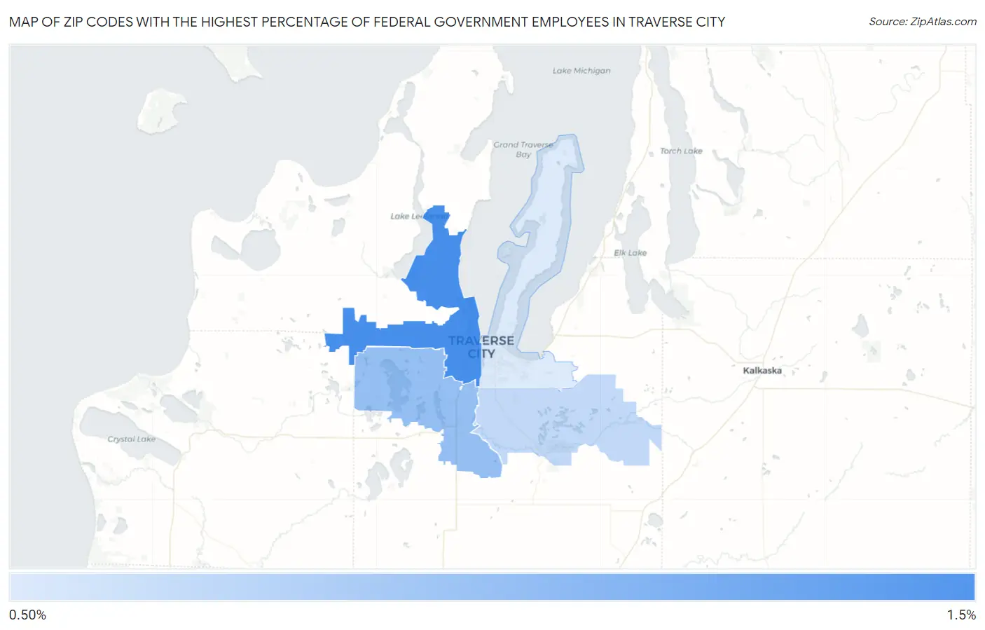 Zip Codes with the Highest Percentage of Federal Government Employees in Traverse City Map