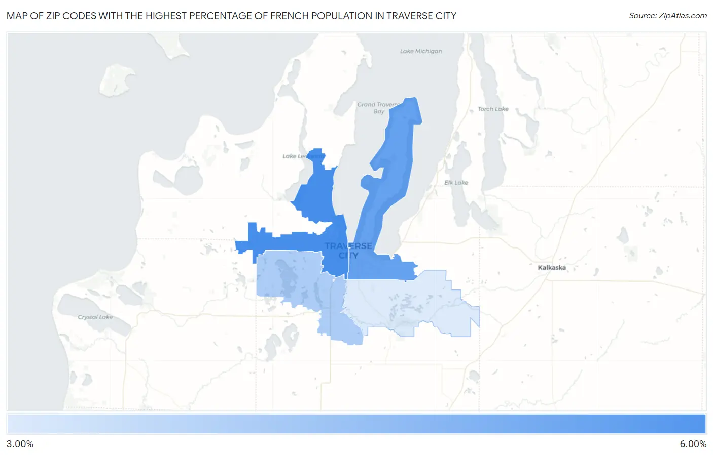 Zip Codes with the Highest Percentage of French Population in Traverse City Map