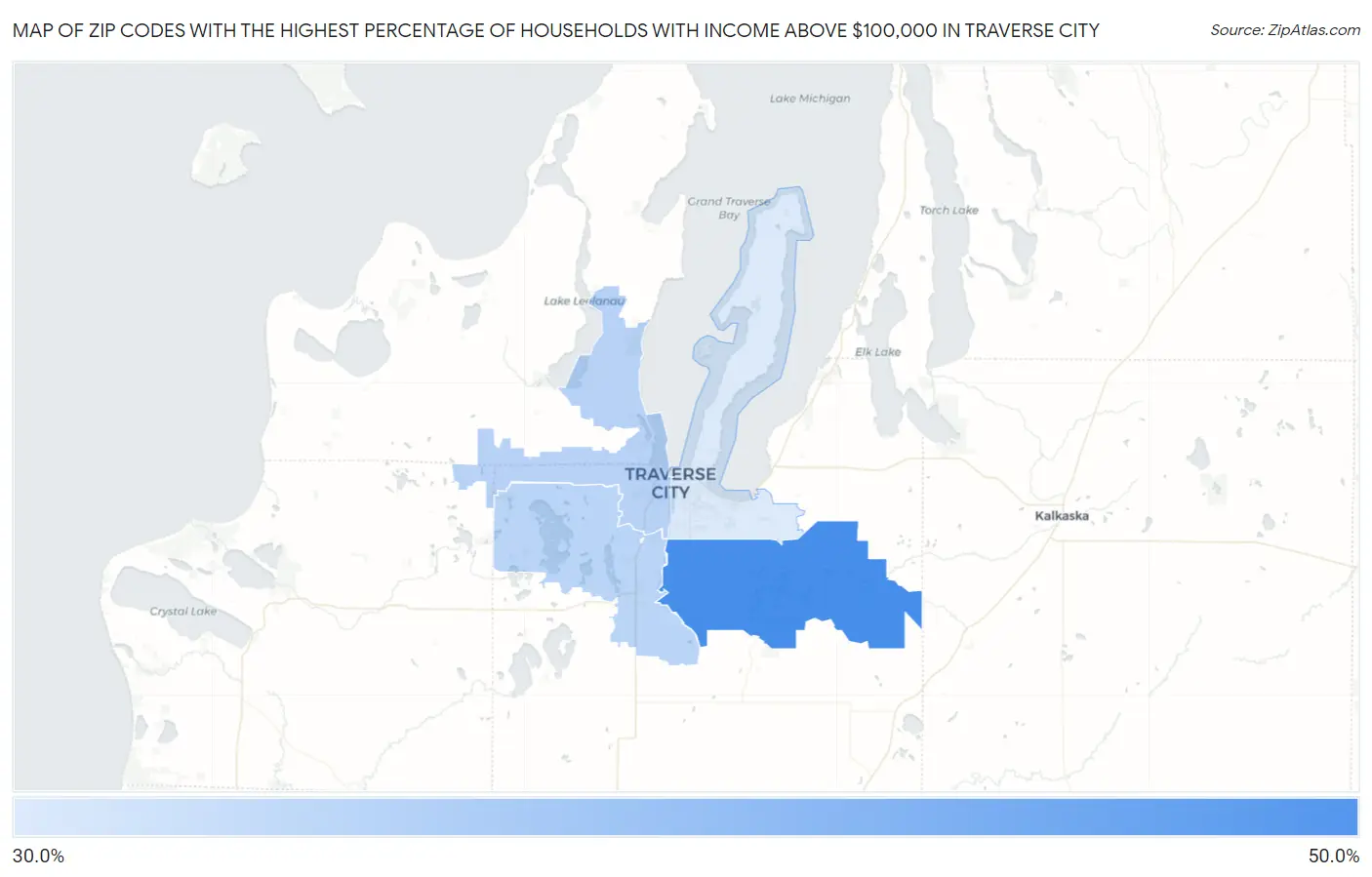 Zip Codes with the Highest Percentage of Households with Income Above $100,000 in Traverse City Map