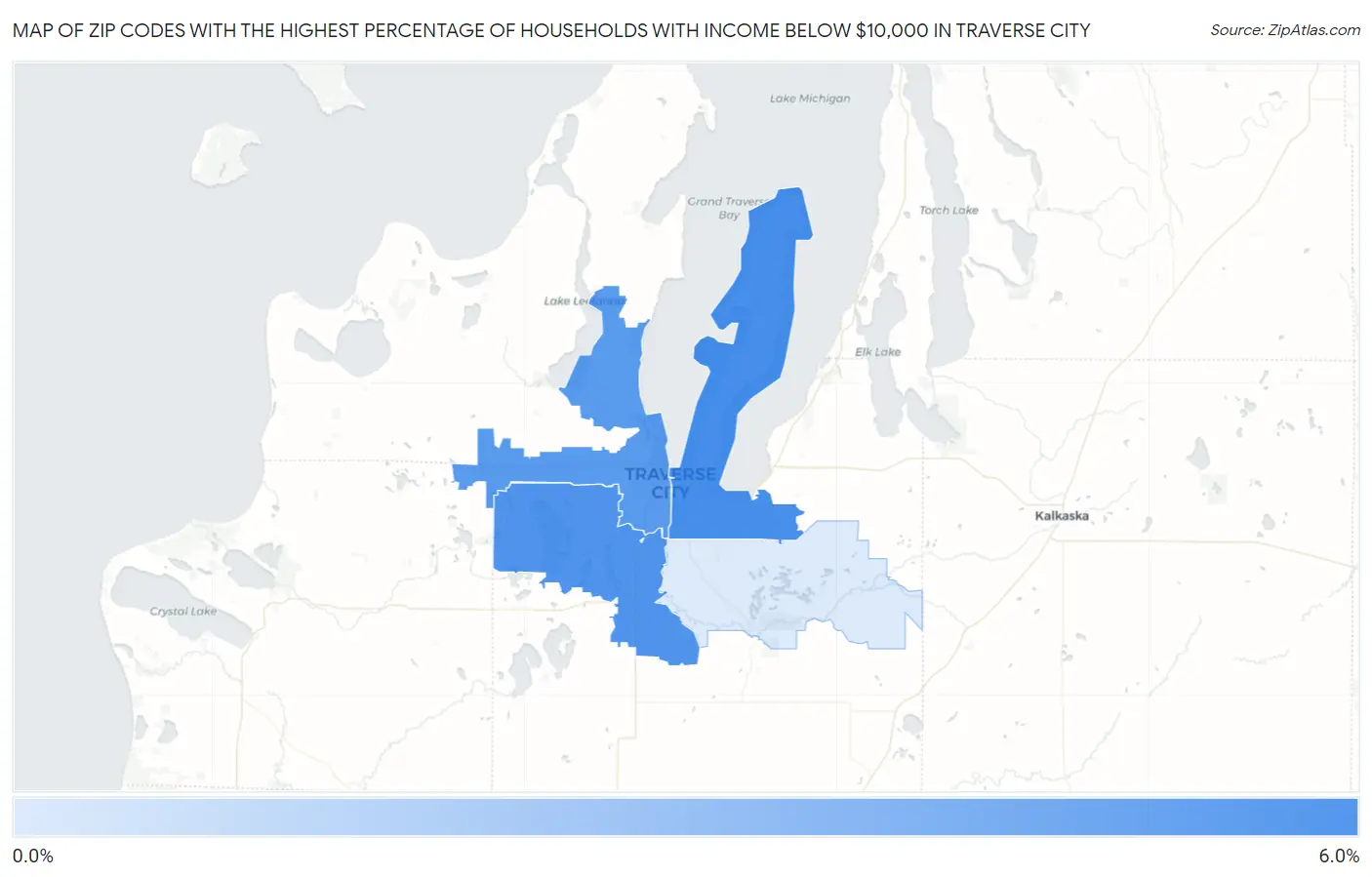 Zip Codes with the Highest Percentage of Households with Income Below $10,000 in Traverse City Map