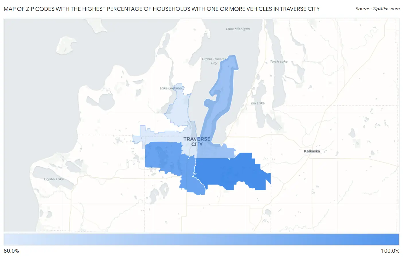 Zip Codes with the Highest Percentage of Households With One or more Vehicles in Traverse City Map