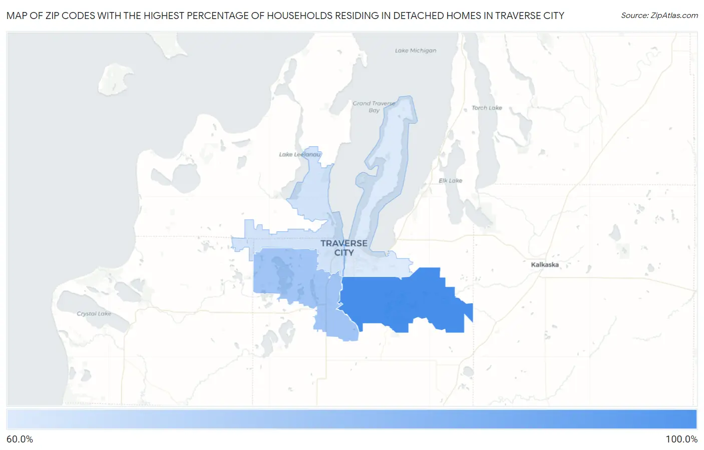 Zip Codes with the Highest Percentage of Households Residing in Detached Homes in Traverse City Map