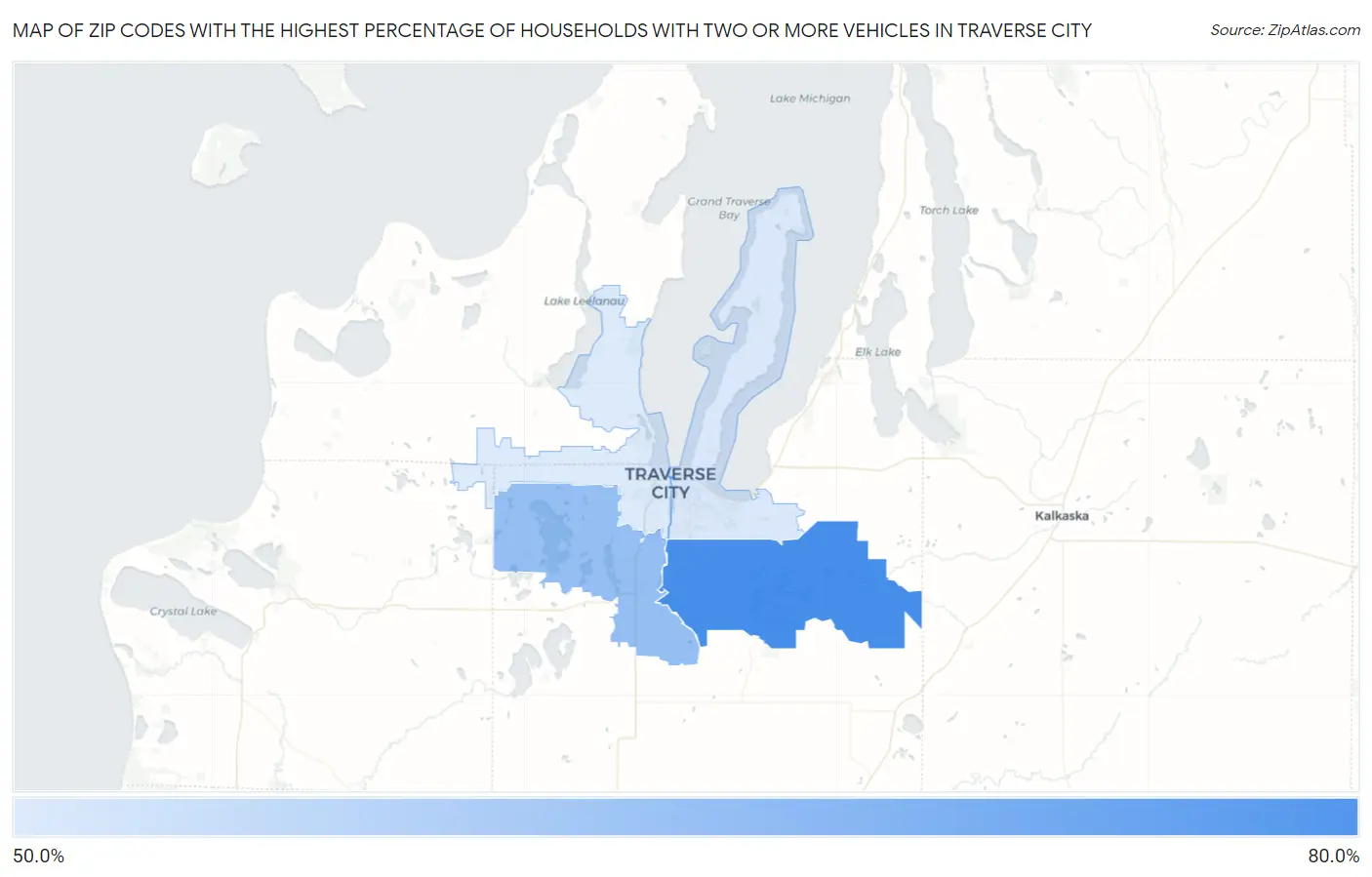 Zip Codes with the Highest Percentage of Households With Two or more Vehicles in Traverse City Map