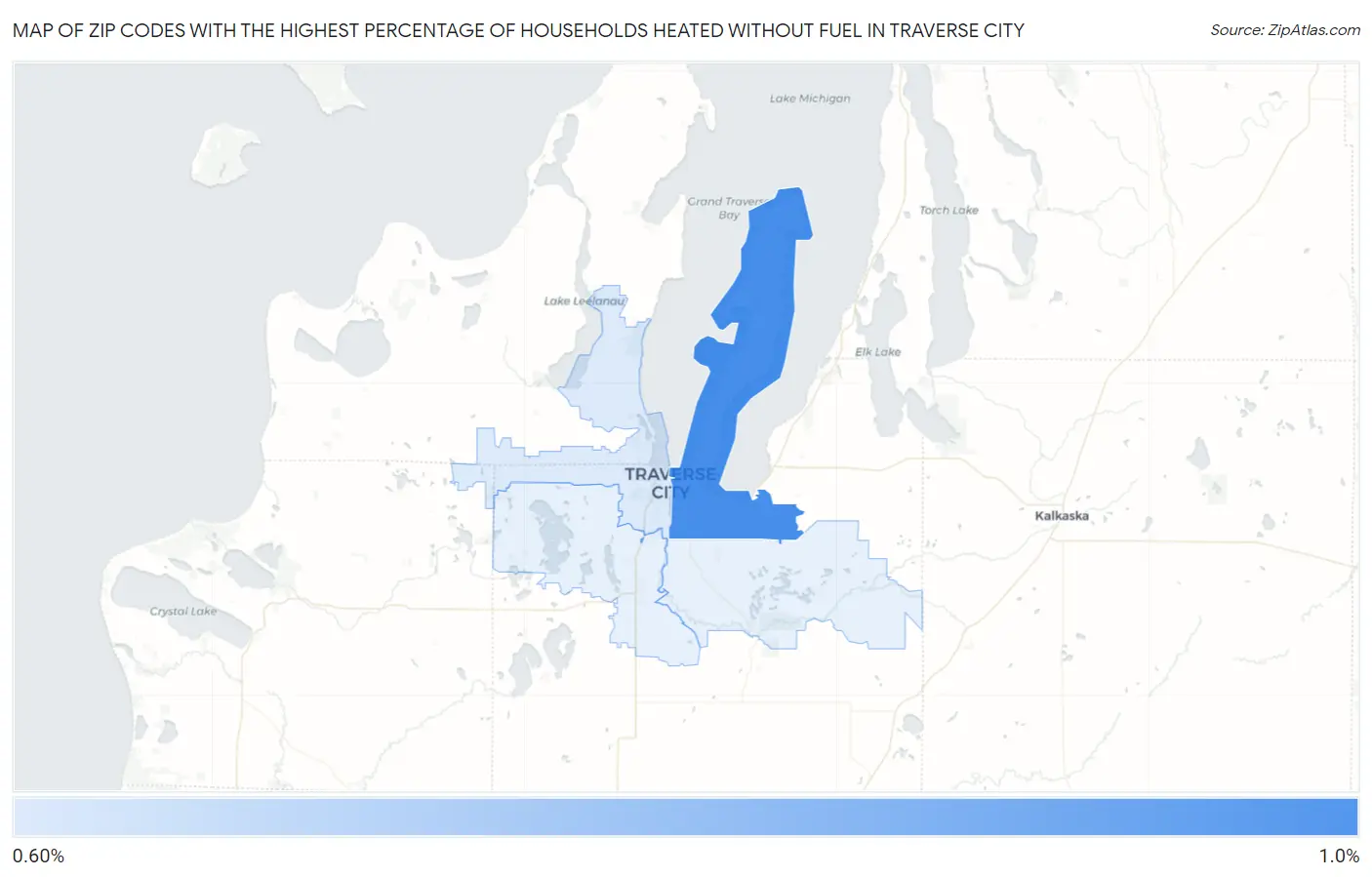 Zip Codes with the Highest Percentage of Households Heated without Fuel in Traverse City Map
