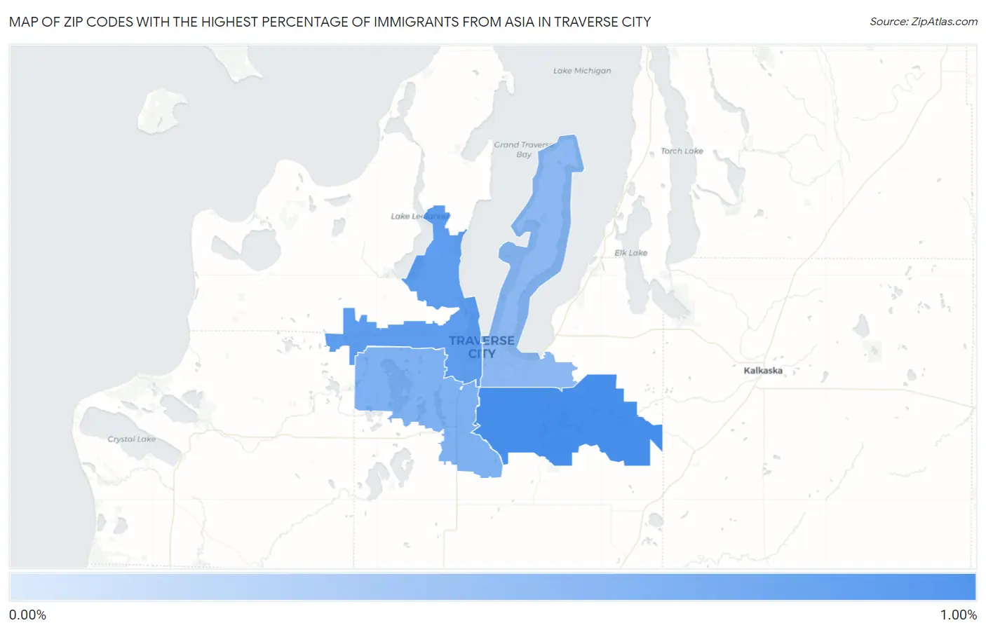 Zip Codes with the Highest Percentage of Immigrants from Asia in Traverse City Map