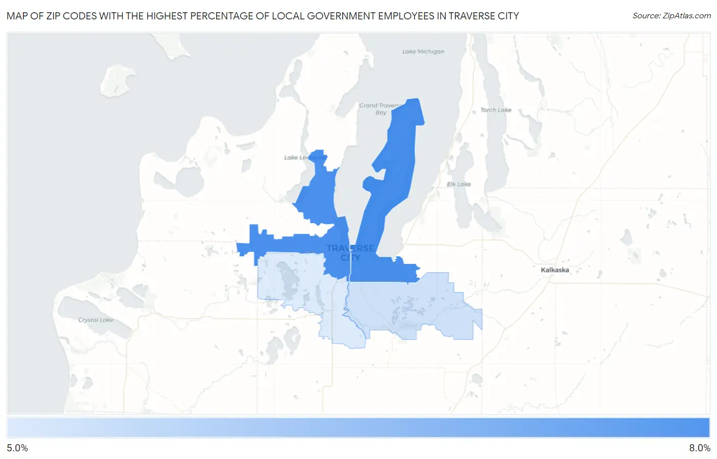 Zip Codes with the Highest Percentage of Local Government Employees in Traverse City Map