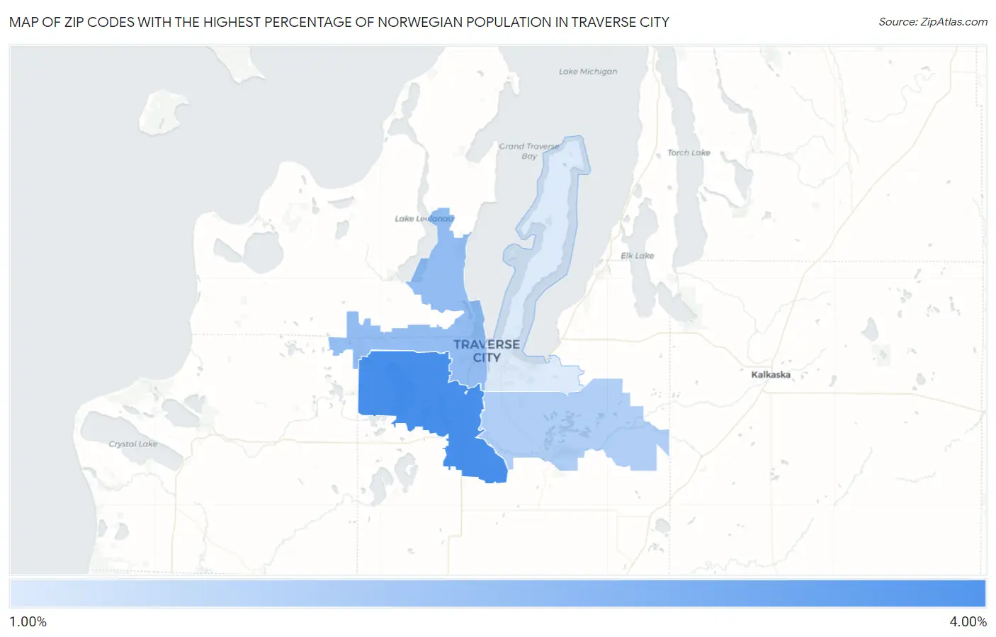 Zip Codes with the Highest Percentage of Norwegian Population in Traverse City Map