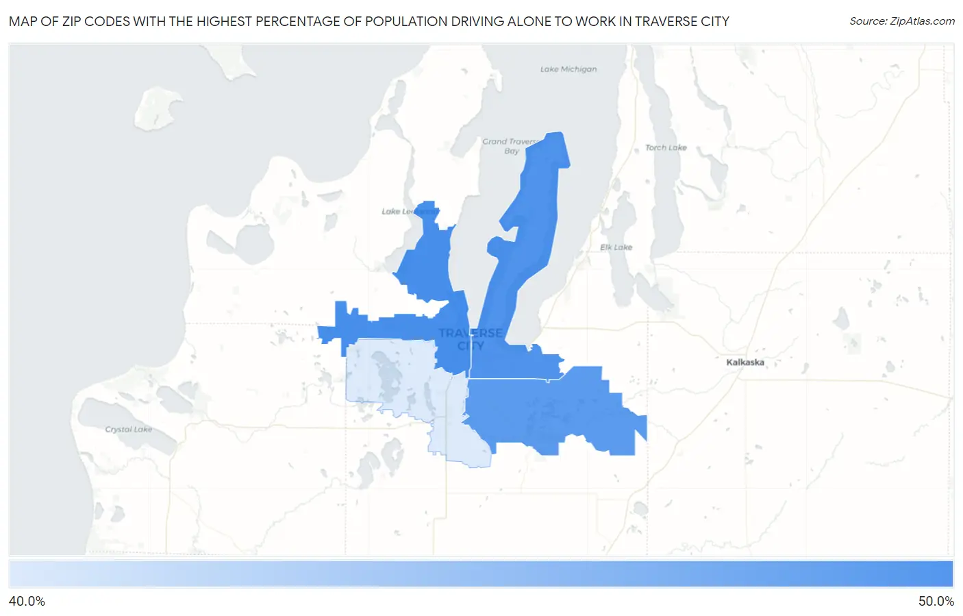 Zip Codes with the Highest Percentage of Population Driving Alone to Work in Traverse City Map