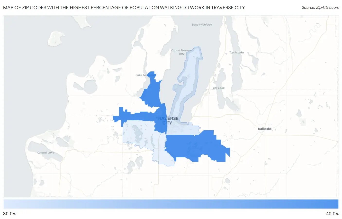 Zip Codes with the Highest Percentage of Population Walking to Work in Traverse City Map
