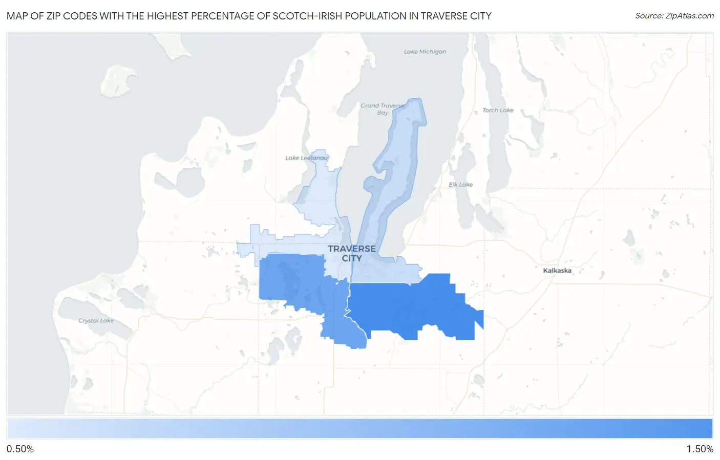 Zip Codes with the Highest Percentage of Scotch-Irish Population in Traverse City Map