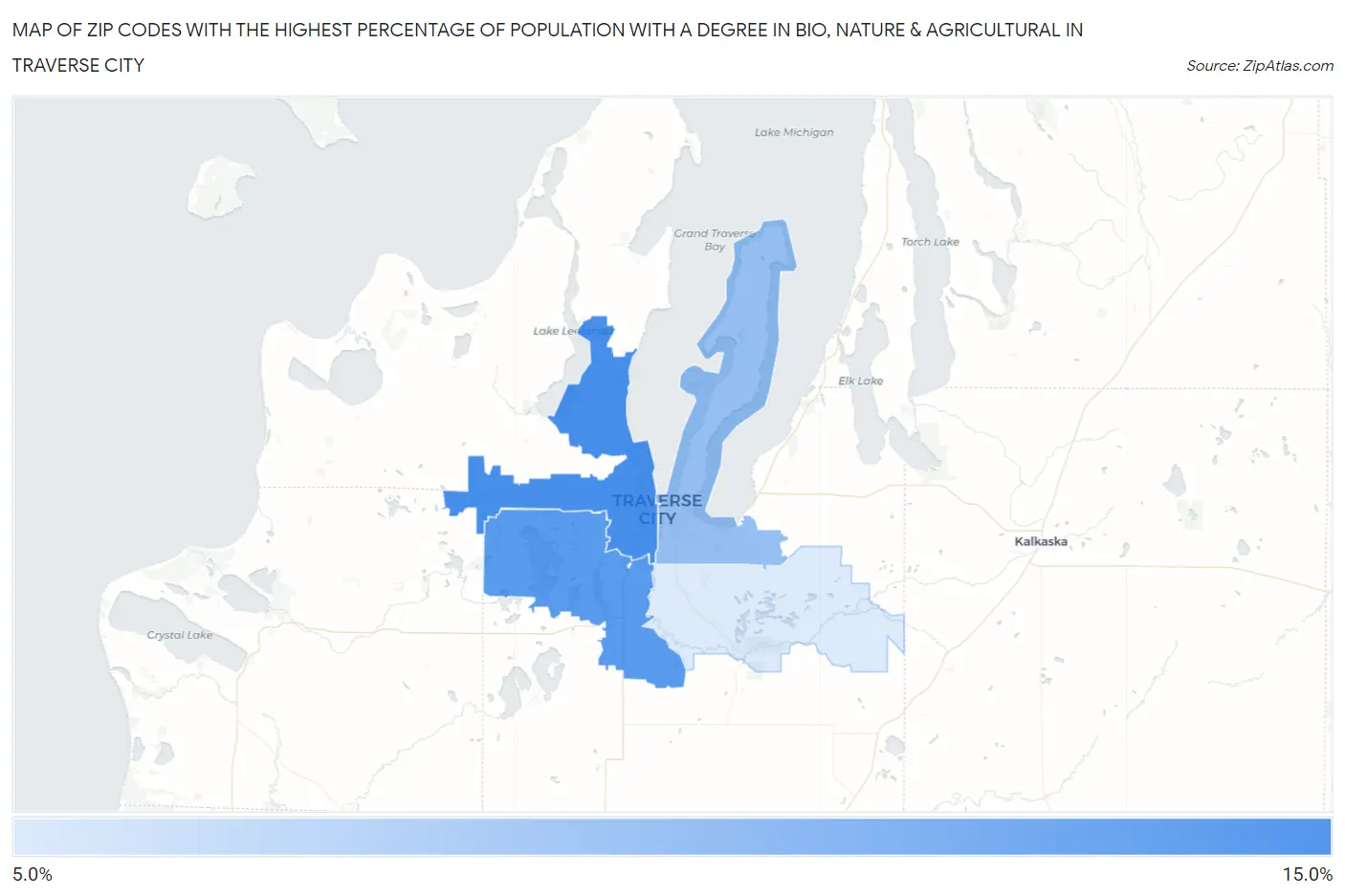 Zip Codes with the Highest Percentage of Population with a Degree in Bio, Nature & Agricultural in Traverse City Map