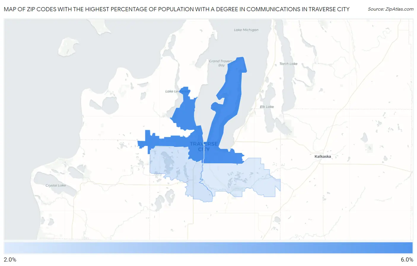 Zip Codes with the Highest Percentage of Population with a Degree in Communications in Traverse City Map