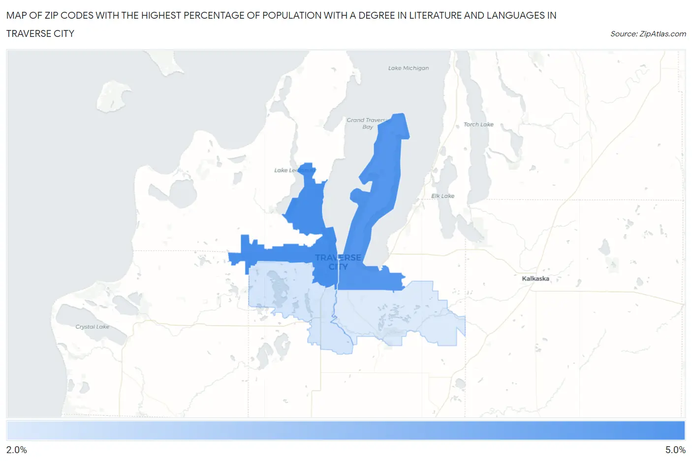 Zip Codes with the Highest Percentage of Population with a Degree in Literature and Languages in Traverse City Map
