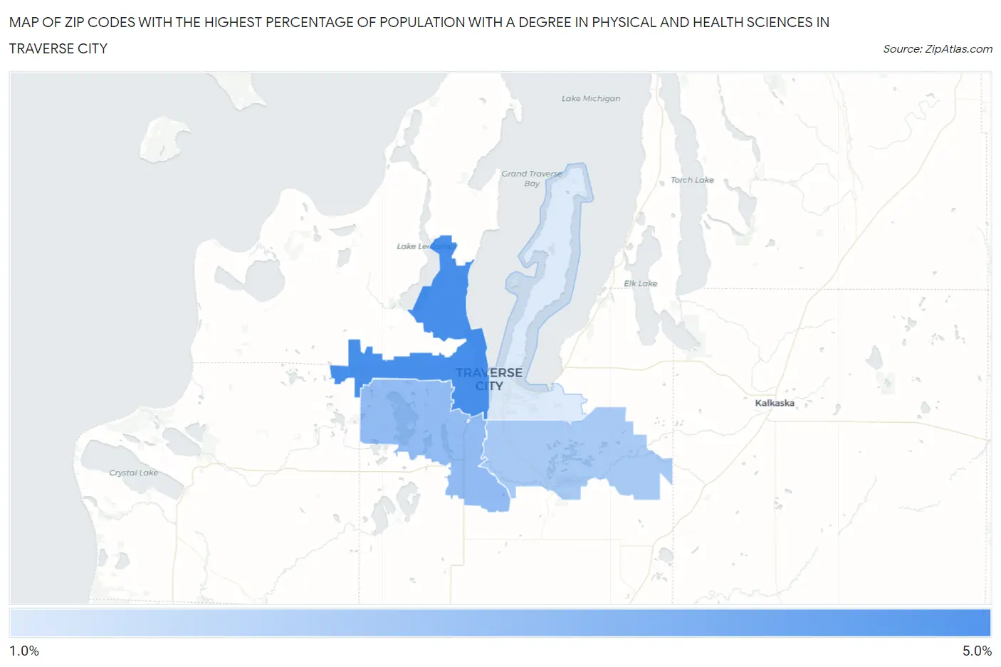 Zip Codes with the Highest Percentage of Population with a Degree in Physical and Health Sciences in Traverse City Map