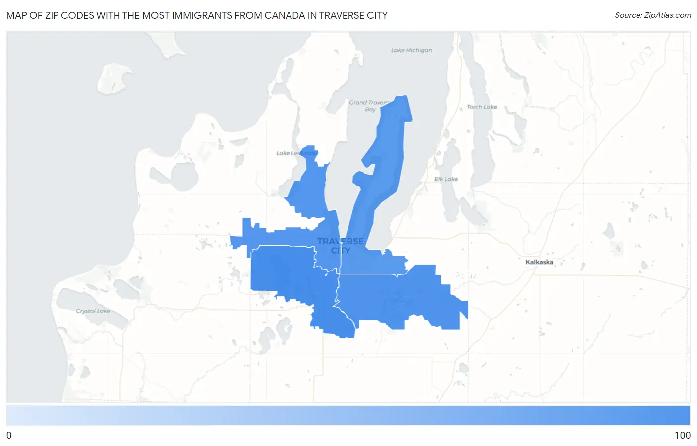 Zip Codes with the Most Immigrants from Canada in Traverse City Map