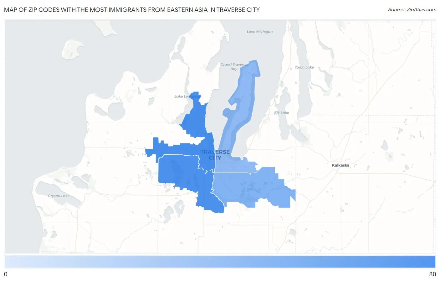 Zip Codes with the Most Immigrants from Eastern Asia in Traverse City Map