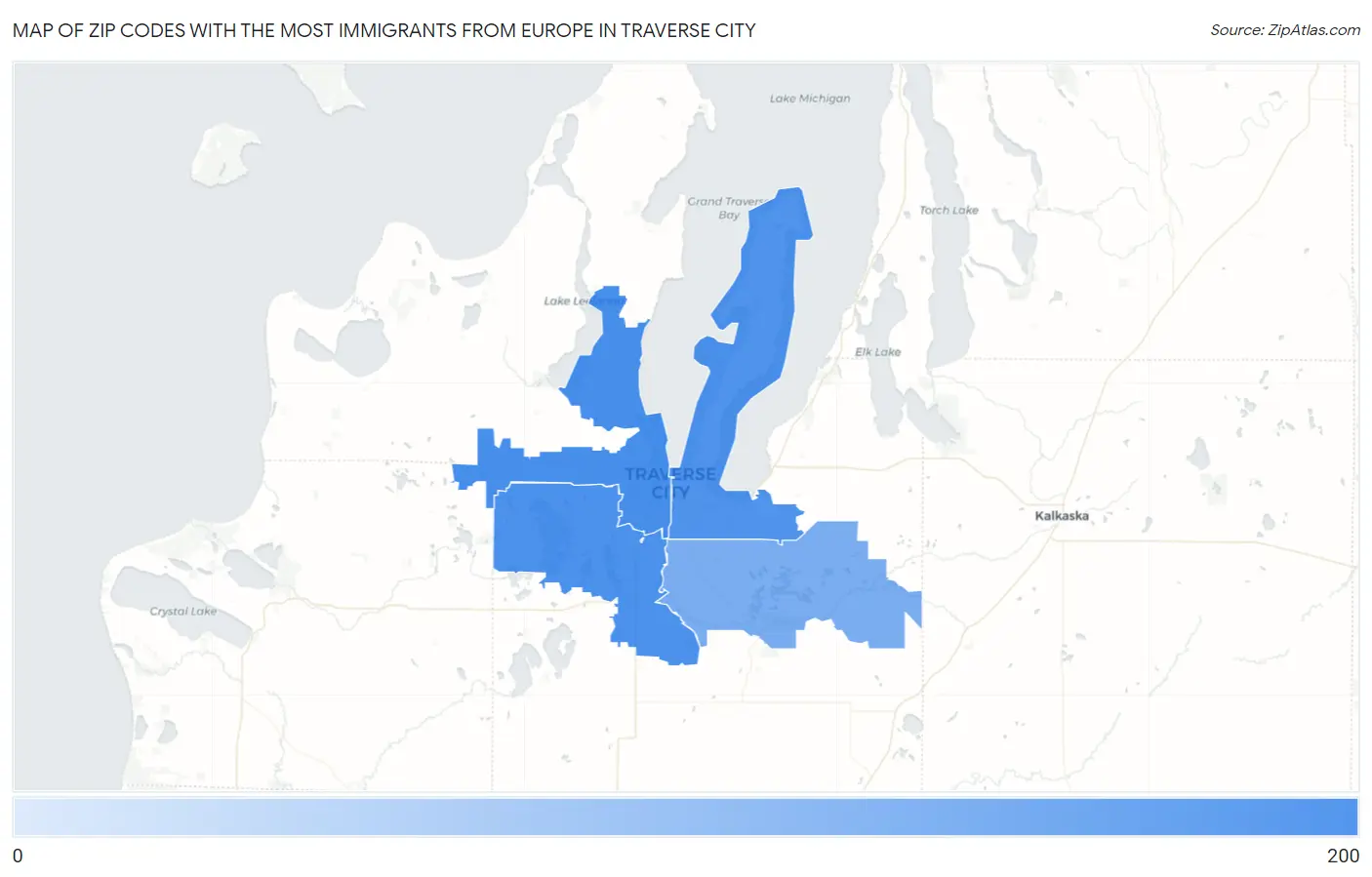 Zip Codes with the Most Immigrants from Europe in Traverse City Map