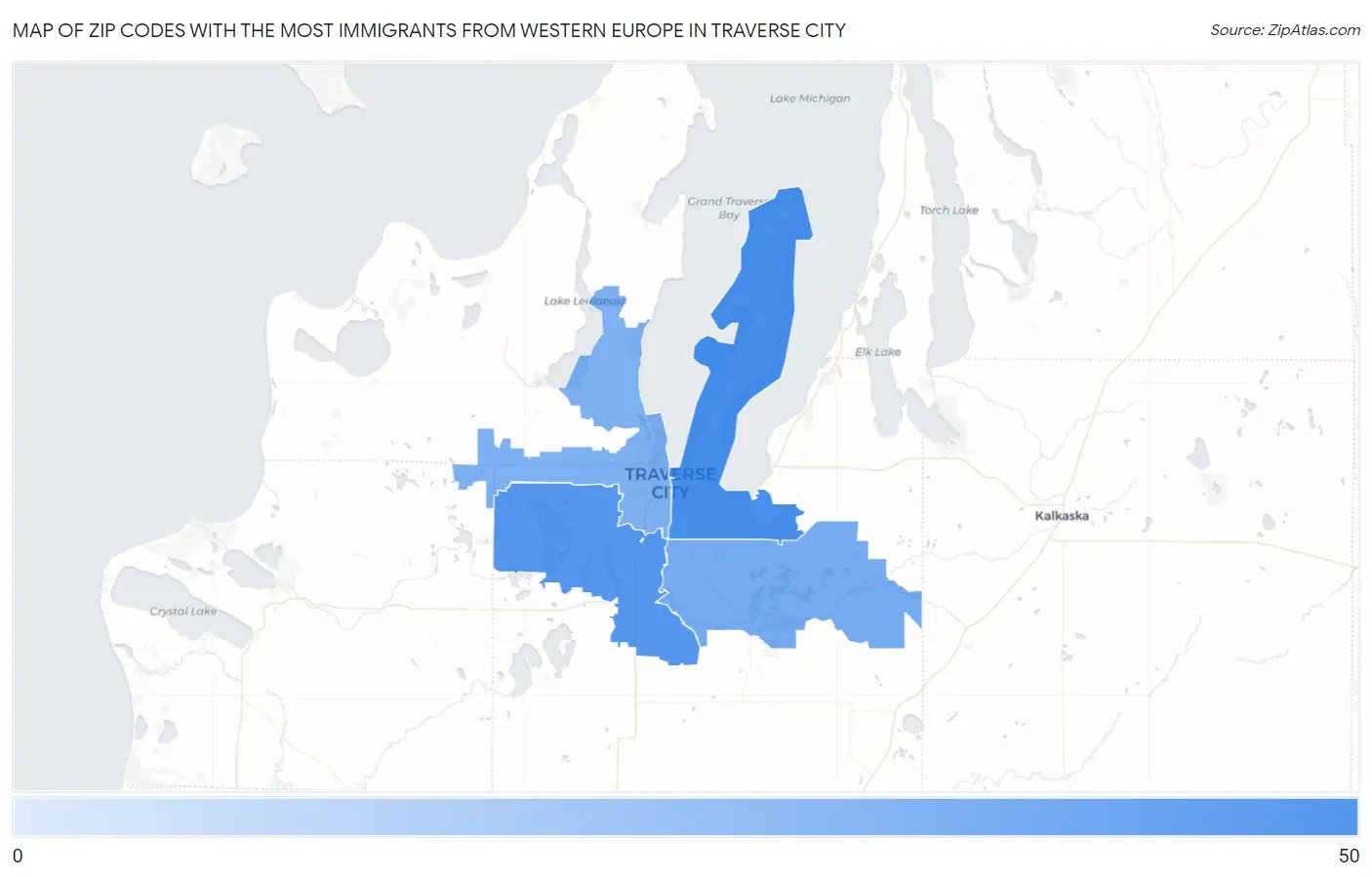Zip Codes with the Most Immigrants from Western Europe in Traverse City Map