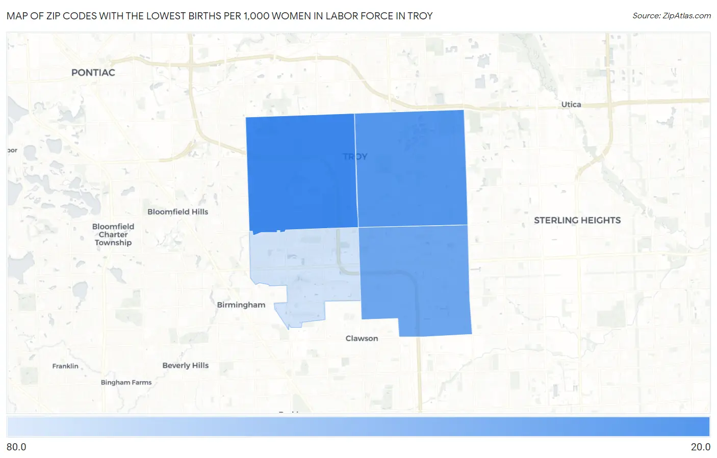 Zip Codes with the Lowest Births per 1,000 Women in Labor Force in Troy Map