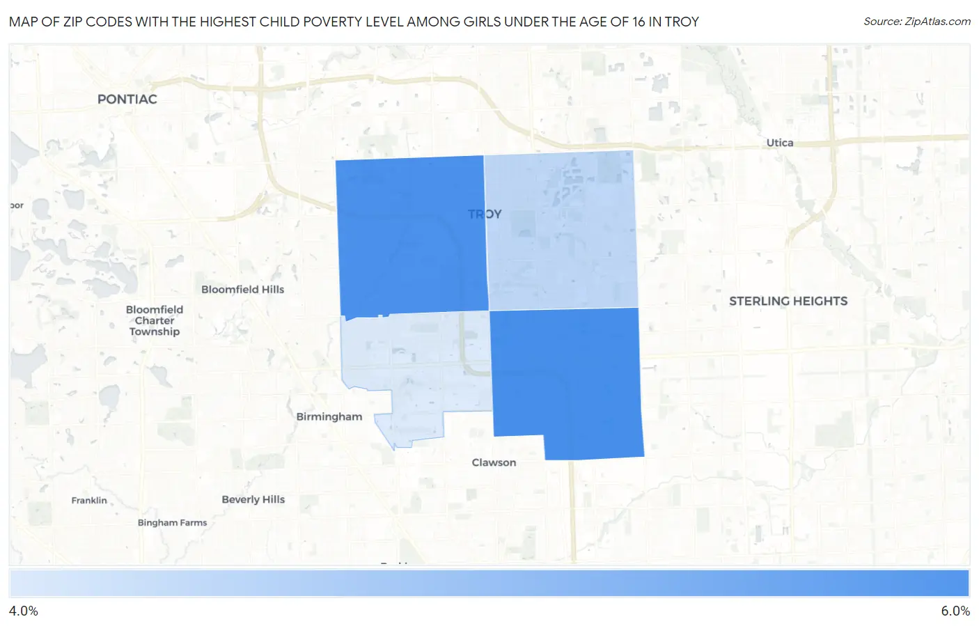 Zip Codes with the Highest Child Poverty Level Among Girls Under the Age of 16 in Troy Map