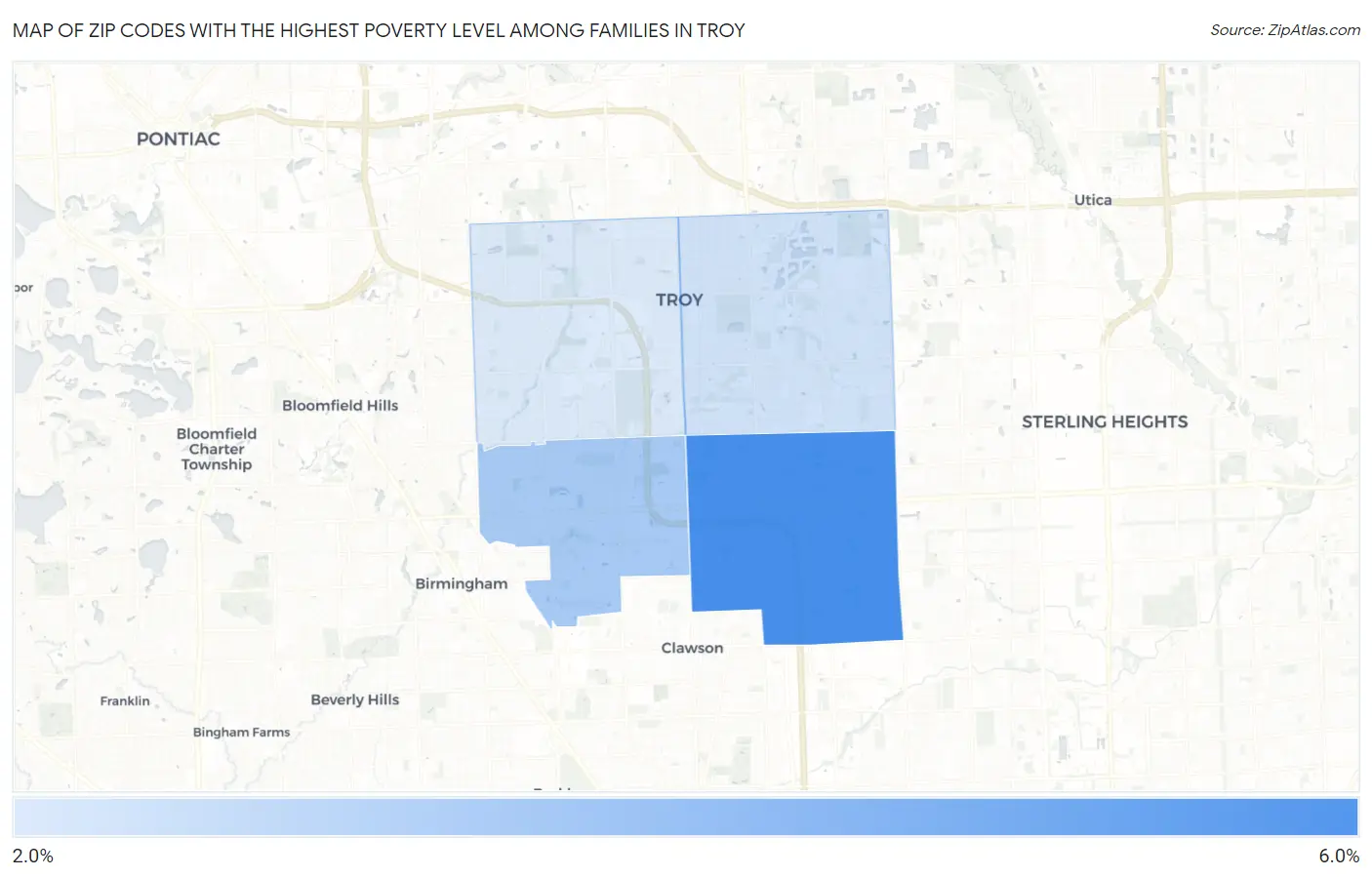Zip Codes with the Highest Poverty Level Among Families in Troy Map